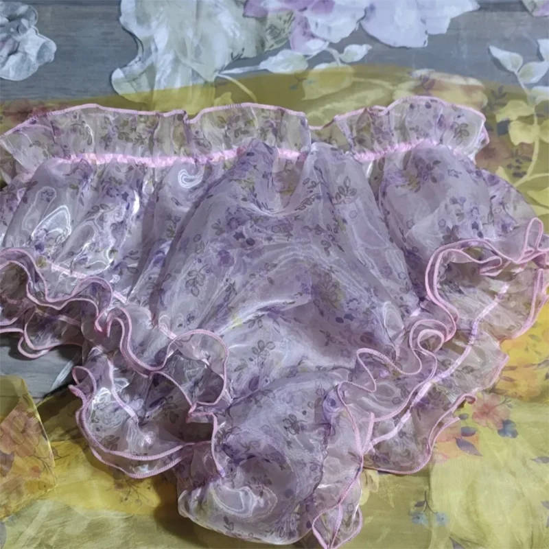 

Женские мягкие шелковистые трусики с рюшами, большие размеры, трусики-фонарики, глянцевые цветы, двухслойные прозрачные мужские трусы из органзы