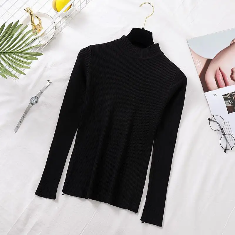 ZOKI Autumn Women Pullover Sweater Fashion Half Turtleneck Knitted Female Jumper Long Sleeve Winter Black Soft Elastic Blouse