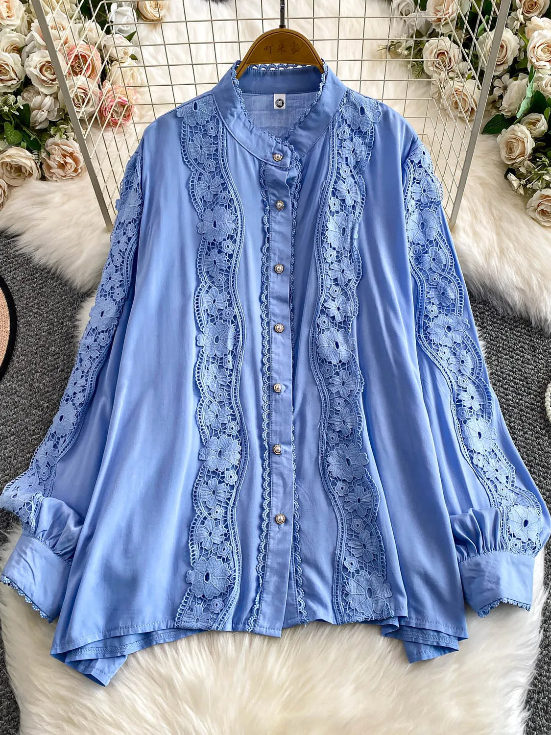 

Retro Lace Patchwork Stand Collar Lantern Sve irt Women's Autumn Anti-Aging Gentle Blue Top Court Sle Loose Fit Long S...