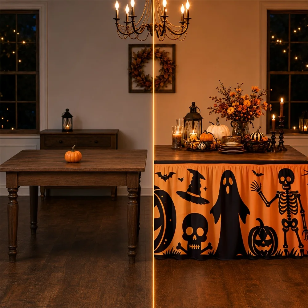 Halloween table skirt / tablecloth, in orange and black, featuring terrifying pumpkins, bats and ghostszyc