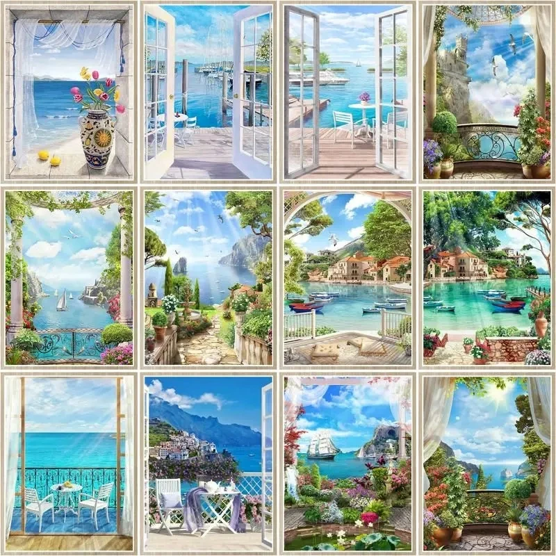 

CHENISTORY Diy Frame Painting By Number Window Sill Scenery Paint By Numbers On Canvas Sea Home Decoration