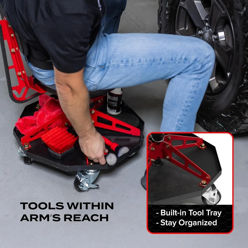 كرسي متجر رياضي فولاذي للميكانيكا والسيارات DIY - مقعد جراج بسعة 300 رطل مع مسند ظهر وعجلات كبيرة
