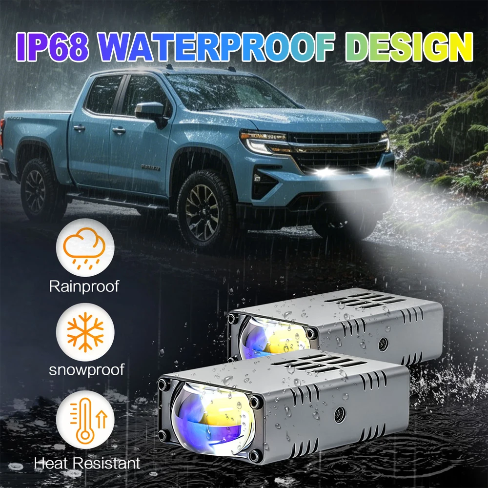 Auto Work Light LED Car Mesh Grille Lamp Strong Light Blue Film Lens Fog Lamp Double Light White&Yellow Lights with Built-in fan