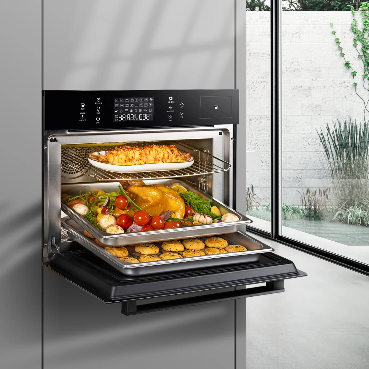 56L 80L الفولاذ المقاوم للصدأ المدمج في فرن البخار فرن كهربائي مخبز المنزل