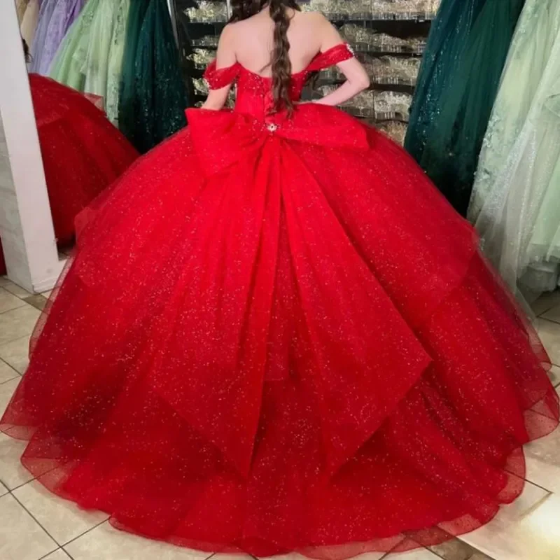 Luxe hete rode quinceanera jurken liefje kralen uit de schouder baljurk boog tule corset aangepaste vestido de 15 anos