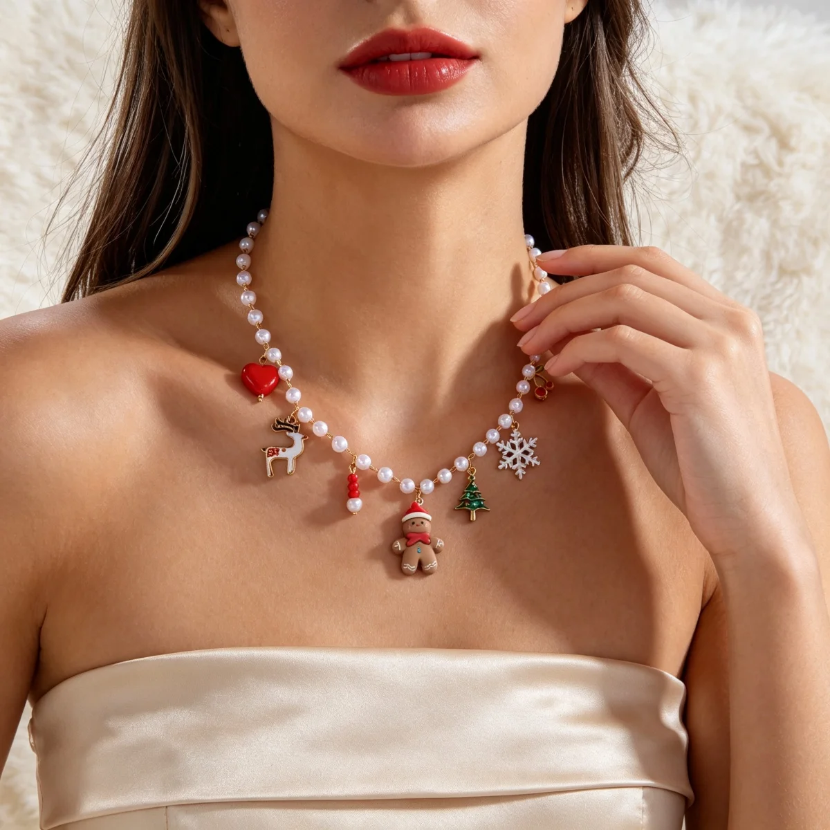 Weihnachts-Halskette mit Lebkuchenmann, Weihnachtsbaum, Hirsch, Schneeflocke, simulierten Perlen für Damen und Herren, Weihnachtsmann-Glocken, Choker, Party-Schmuck – Detail 9