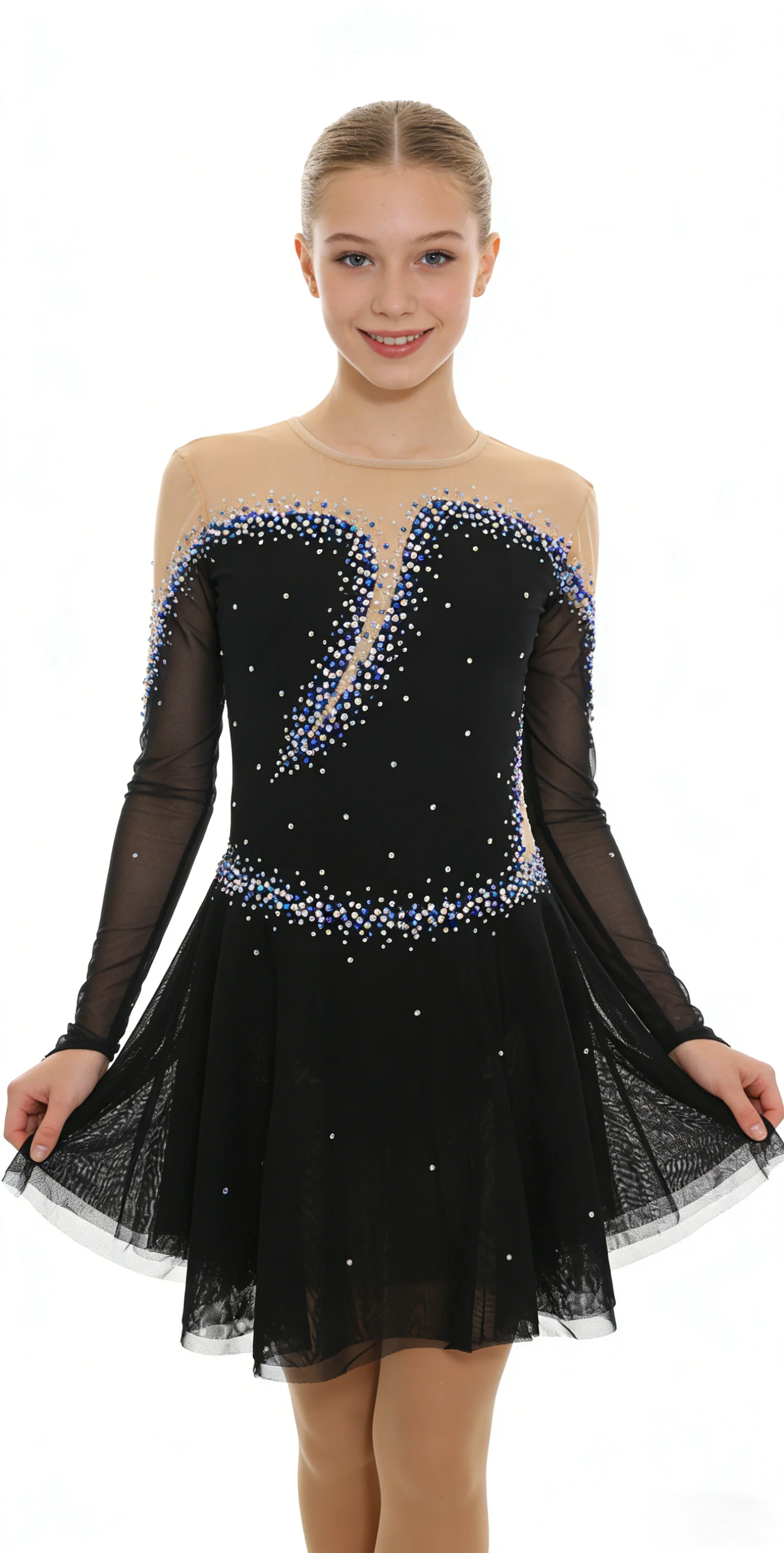 

Luxury Rhinestone-Embellished Black Figure Skating Outfit Sheer Mesh Long Sleeve Illusion Neckline Flowy Tulle Skirt5PCS