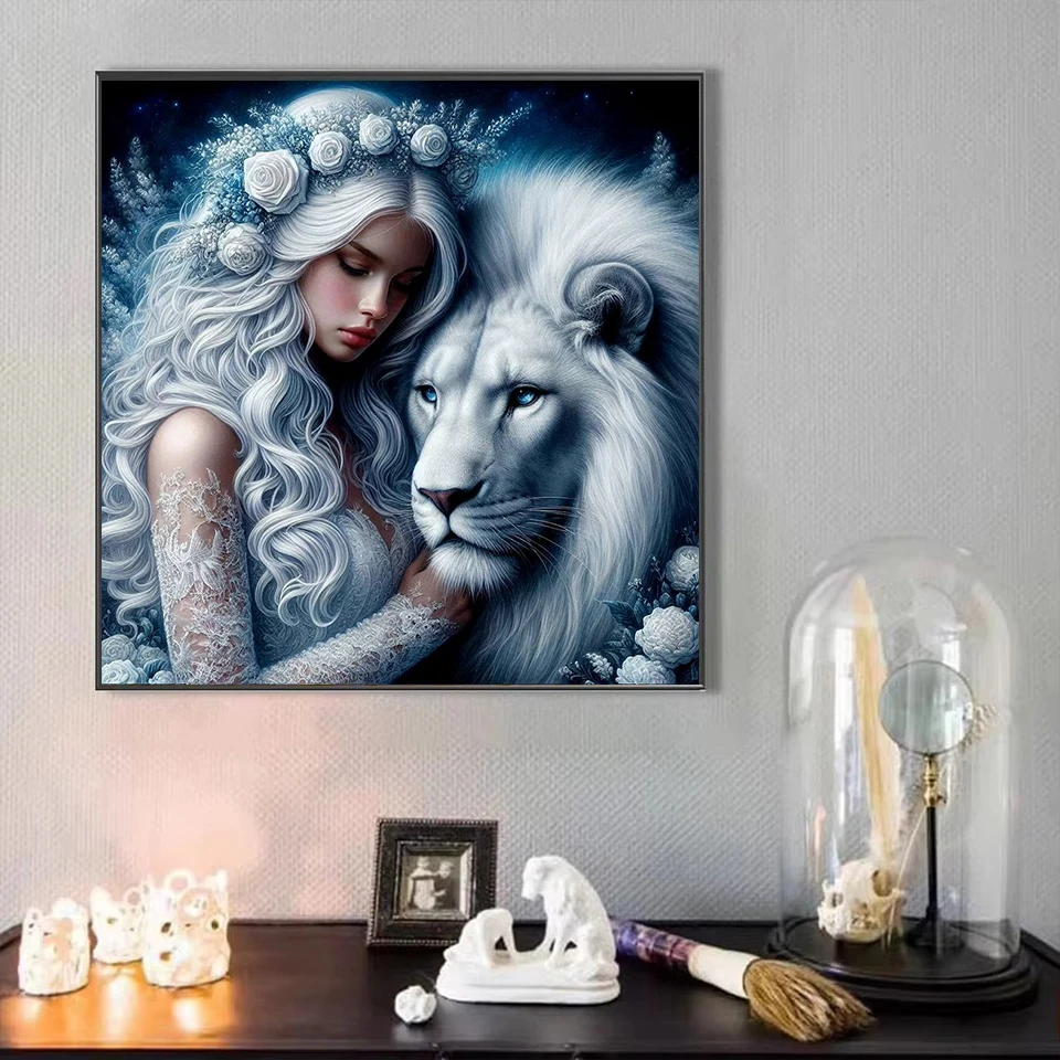 Diamond Embroidery Elven Girl And Lion Mosaic Cross Stitch Diamond Painting Woman New Arrival Animal Picture Rhinestone Wall Art