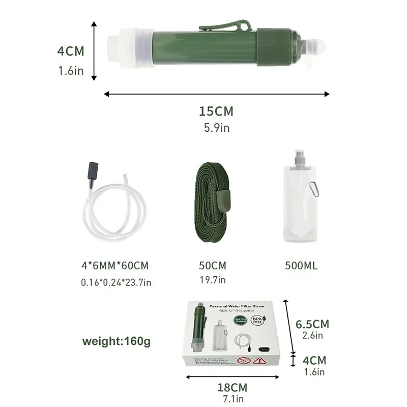 屋外ミニフィルターストローセット、アップカーボンファイバー、キャンプ水浄化、サバイバル、緊急用品