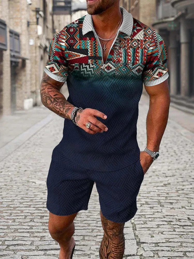 

Summer Luxury Pattern 3D Printed men's Sportswear set, Casual Zipper Polo Shirt And Shorts 2-piece Fashionable Street men's Wear