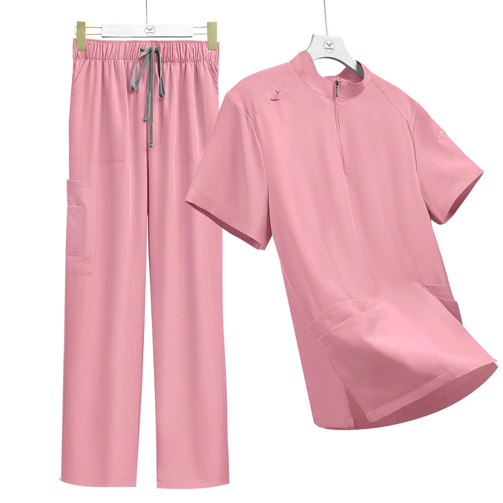 

Stand Collar Zipper Doctor Nurse Work Uniform Gown Suit Scrub Top Surgical Room Straight Pants Solid Color