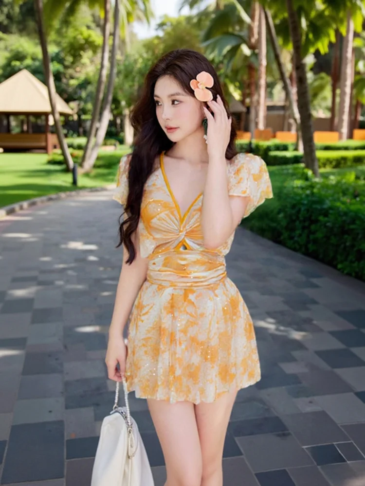 

Couxu Ele Sle Women's Swimsuit Steel Support Hot Spring Bathing Small Chest Gather Conceal Meat Slimming High-End Feeling