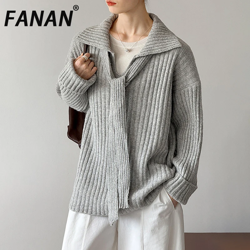 

FANAN однотонный минималистичный шерстяной вязаный пуловер, свитер для женщин, дизайн с поясом с лацканами, повседневные свободные топы с длинными рукавами, новинка зимы