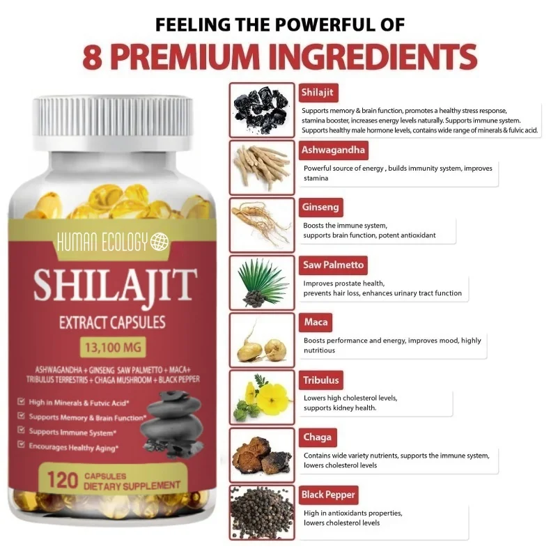 Natural Shilajit Resin Potency Capsules (50% Fulvic Acid) - Shilajit Pure Himalayan 85+Trace Mineral Men's Shilajit Supplement