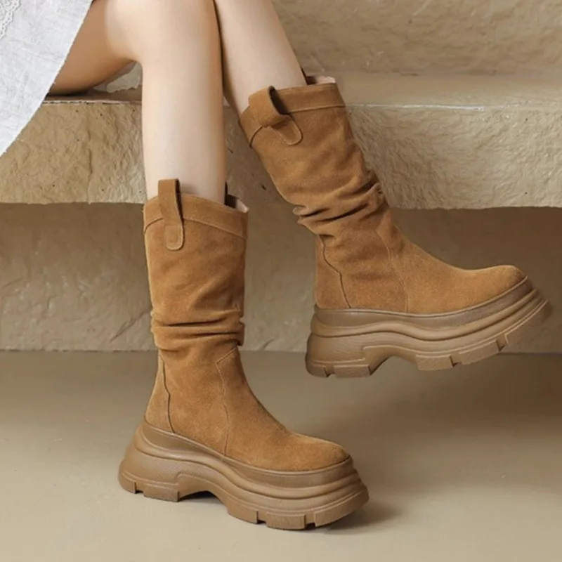 BRANGDY  Autumn And Winter Thick Soled Waterproof Taichung Boots For Women, College Style Super High Heels Mid Top Boots