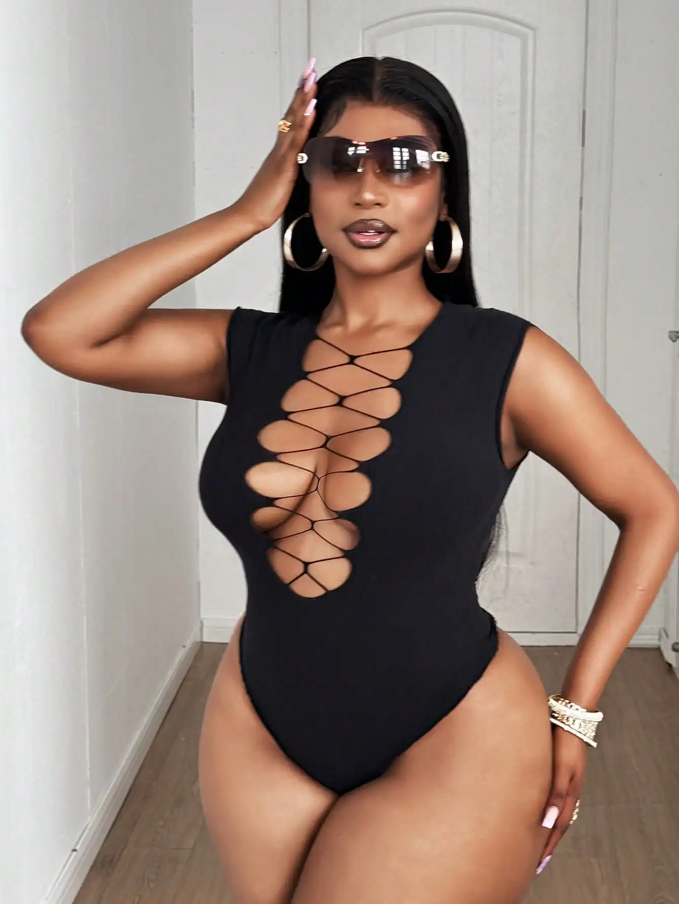 

FHSEER Women Sexy Bodysui Hollow Out Bodysuit Black Sleeveless Slim Body Suit for Night club Party