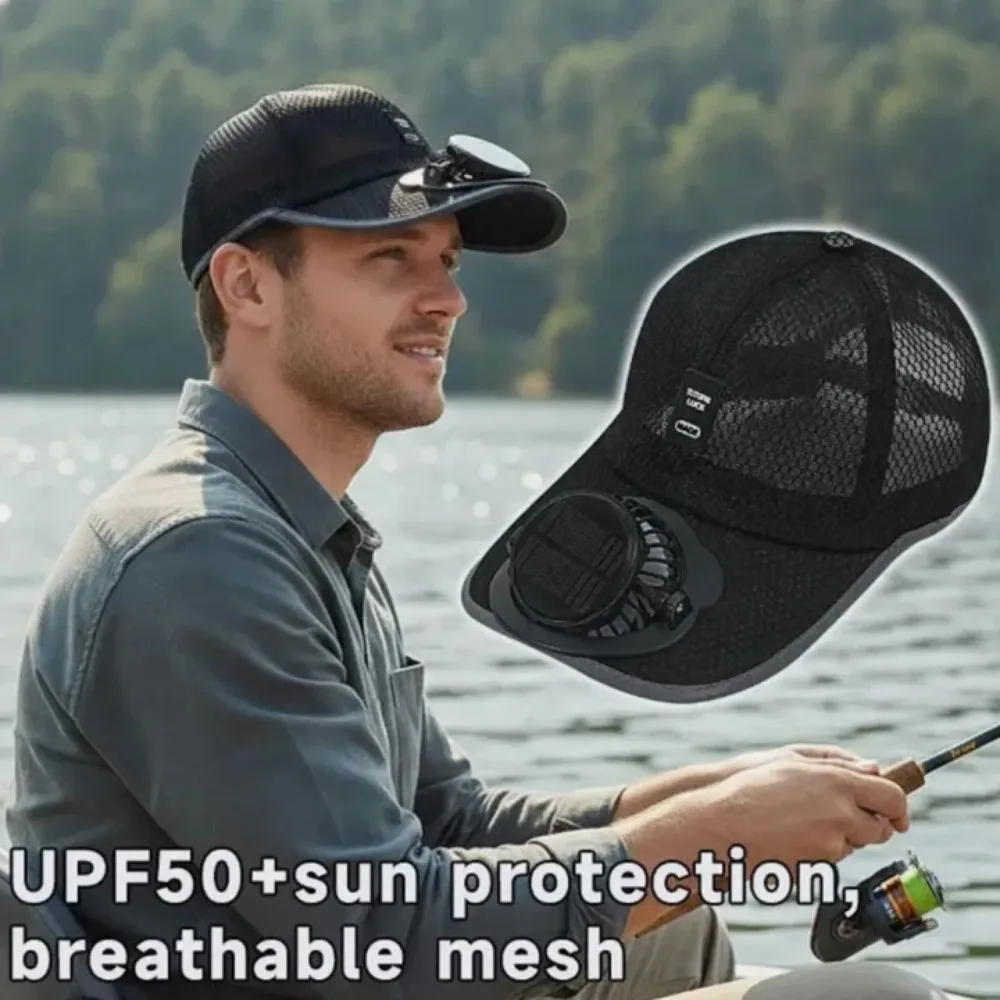 Portable Outdoor Solar Fan Cap Polyester USB Rechargeable Anti-UV Breathable Hat for Travel Fishing Camping Beach Golf Unisex