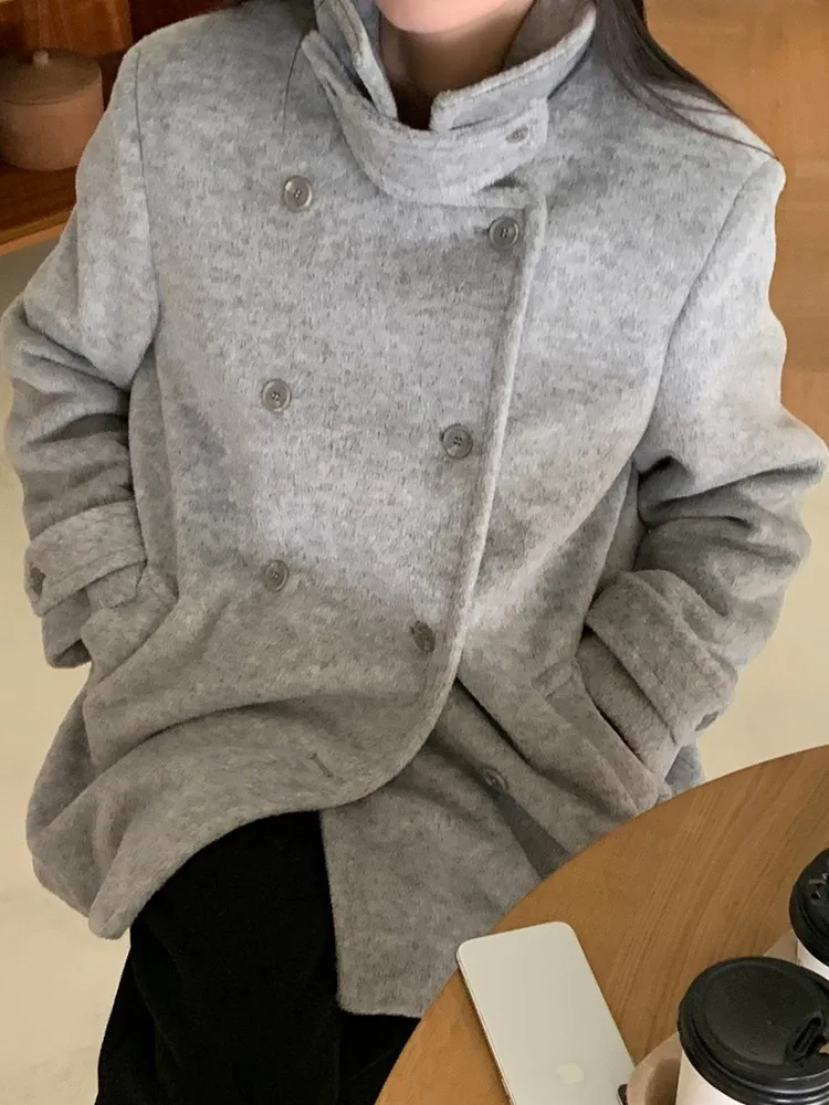 

Faionable Thiened Double-breasted Woolen Coat Warm Mid-length Women's Korean Sle Outerwear Chic Sensation Coat