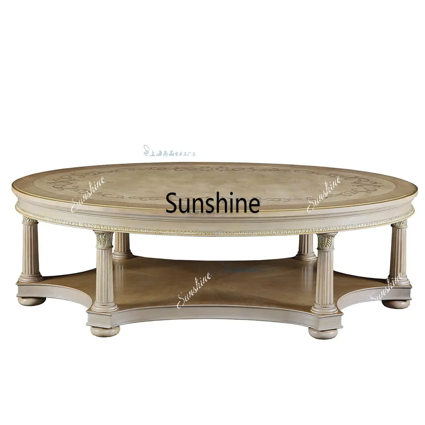 YEuropean solid wood coffee table, furniture oval coffee table, villa solid wood antique, living room