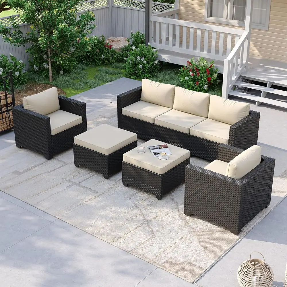 

5-Piece Outdoor Sectional Sofa Set with Ottomans, Wicker Patio Furniture with Waterproof Cover, Beige for Backyard
