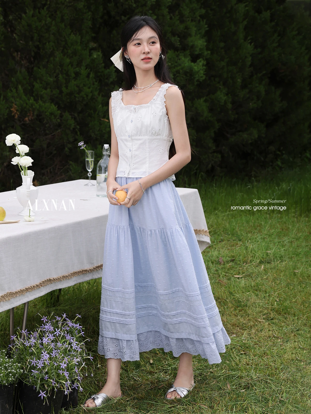 ALXNAN Women's Long Skirt Blue Elegant A-line Midi Skirt 2025 Summer High-waist Loose-fit Casual Patchwork Ladies Clothes L55612