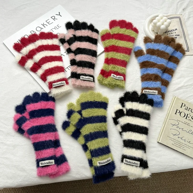 2025 المنك مثل مخطط نمط جو قفازات محبوكة المرأة الخريف والشتاء الدافئة المفتوحة إصبع شاشة تعمل باللمس قفازات مقاومة للبرودة