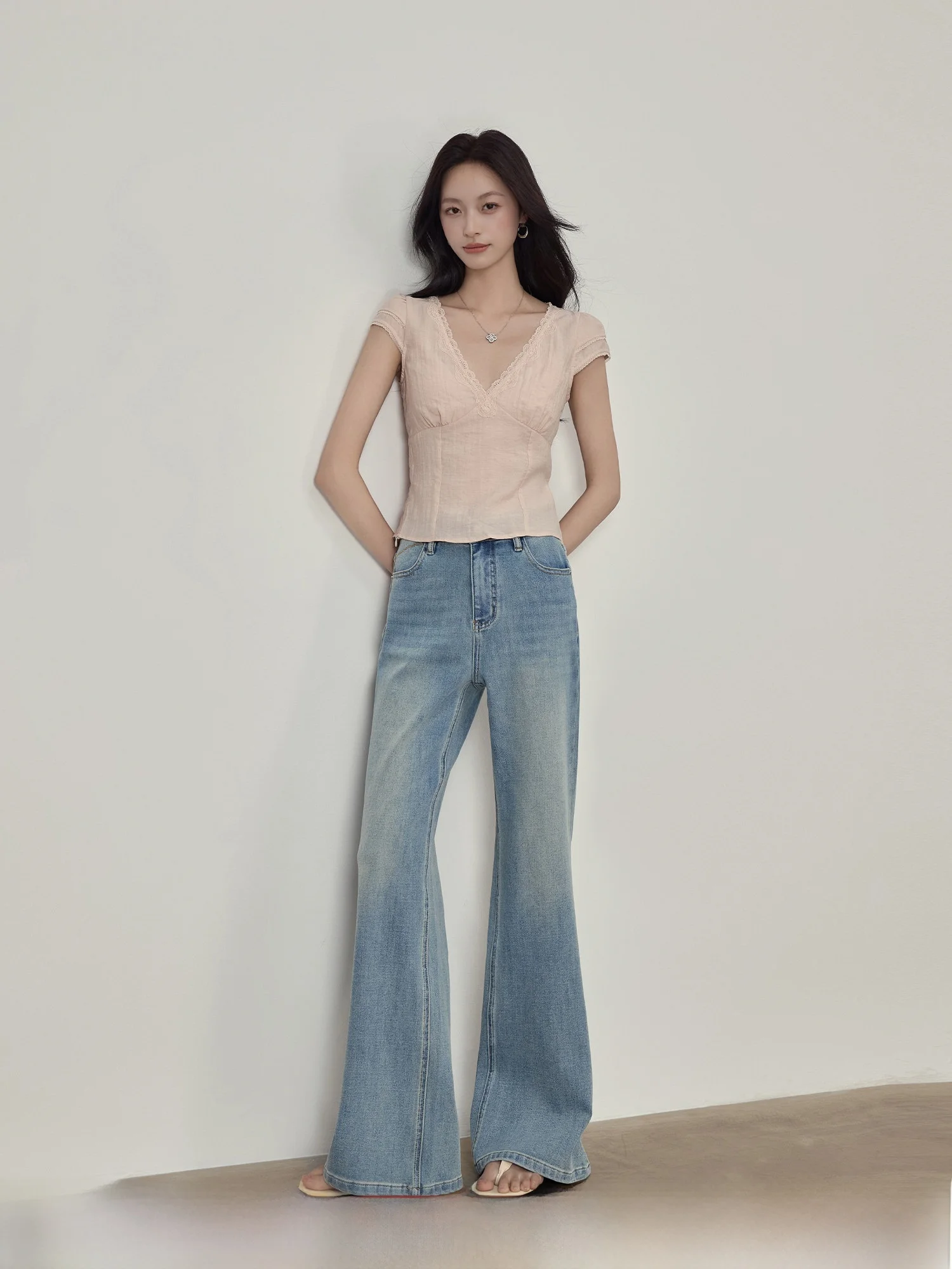 

Blue High Waist Flared Jeans Women's Summer Slim Fit Casual Cotton Blend Four Way Stretch Denim Pants High Rise Bell Bottoms