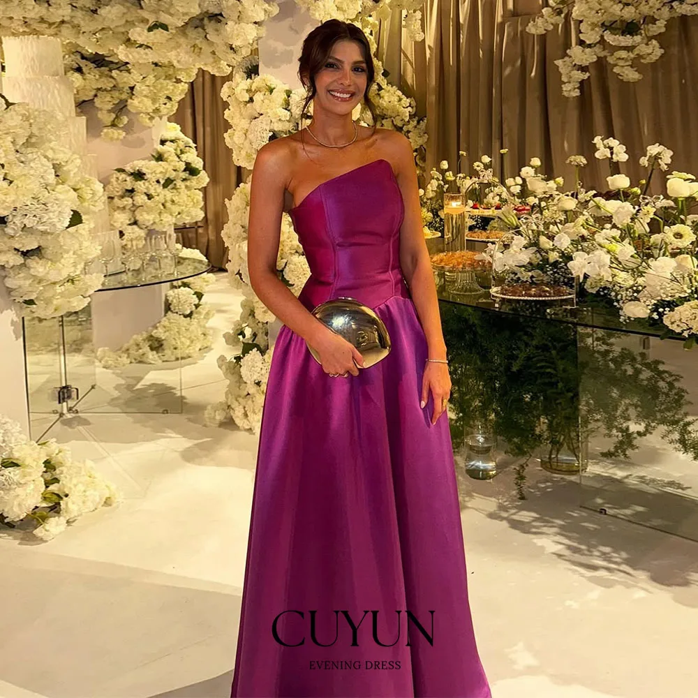 CUYUN Sukienki wieczorowe damskie na zamówienie, satynowe, w kolorze fuksji, bez ramiączek, o kroju litery A, do ziemi, na studniówkę, przyjęcie, kolację, vestidos de fiesta