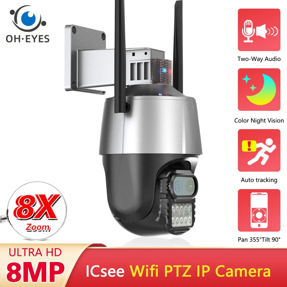 

8MP 4K Outdoor ICsee Wifi Camera with Anti-theft Siren Alarm Dual Lens 8X Zoom PTZ Dome Camera Ai Auto Tracking CCTV IP Camera