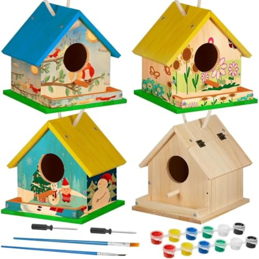 

【Spot goods】8 Sets Wooden DIY Birdhouse Kit Unfinished Bird Houses with Paints and Paintbrushes Bird Feeder Craft Arts for Ages