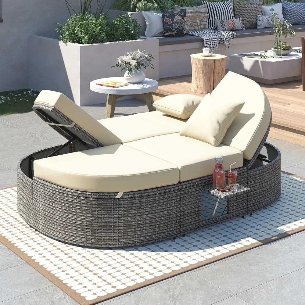 

Outdoor Sun Bed with Adjustable Backrests and Foldable Cup Trays, Reclining Outdoor Lounger Wicker Rattan Patio Daybed