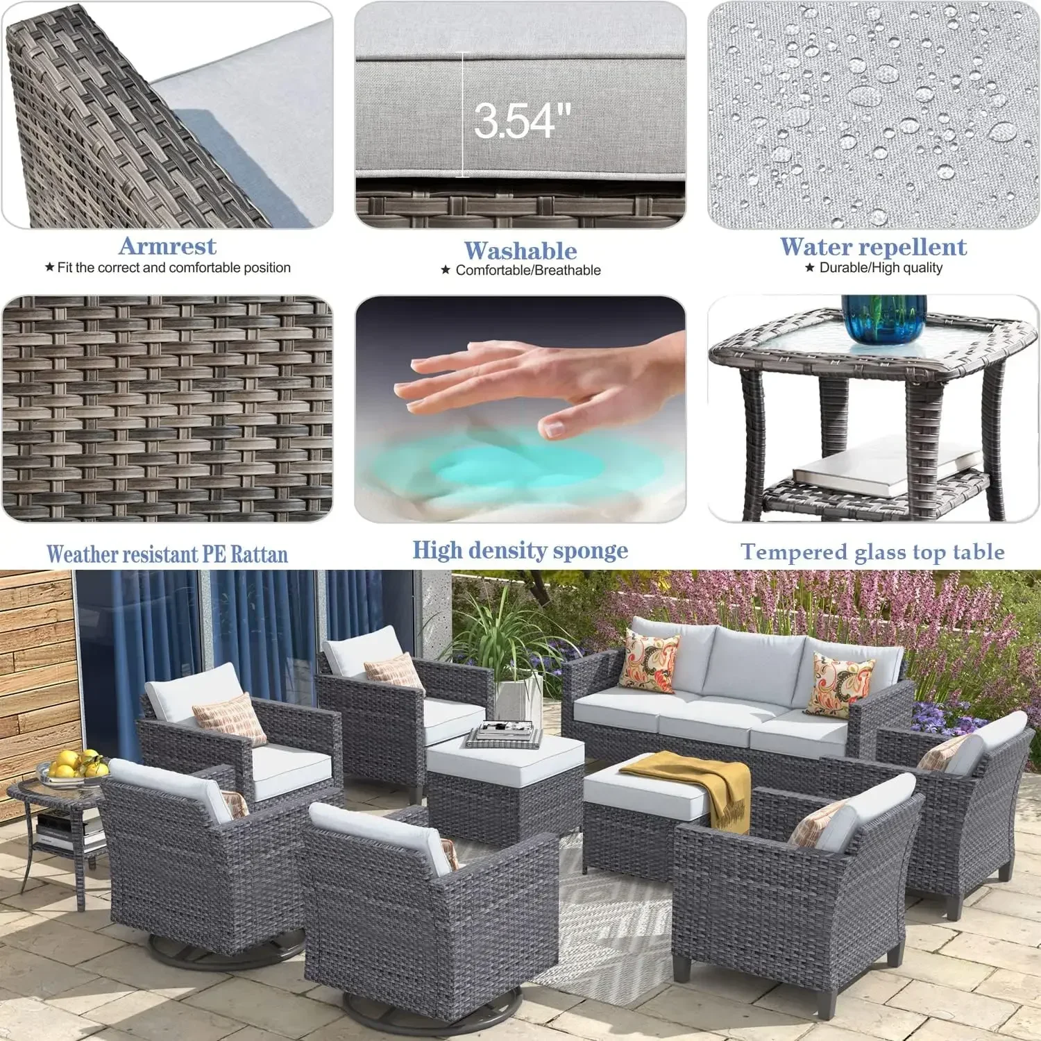 9/10pcs Outside Patio Conversation Set Wicker Rattan Patio Seating Set Weather Resistant Patio Chairs Set,Denim Blue