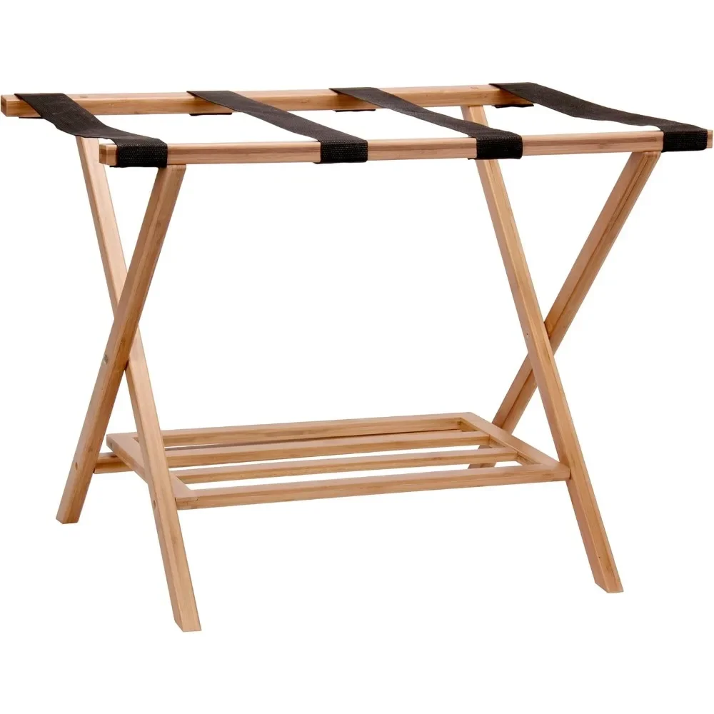 Household Essentials Fully Assembled Folding Luggage Rack with Lower Storage Shelf | Bamboo Frame with Black Straps, Brown