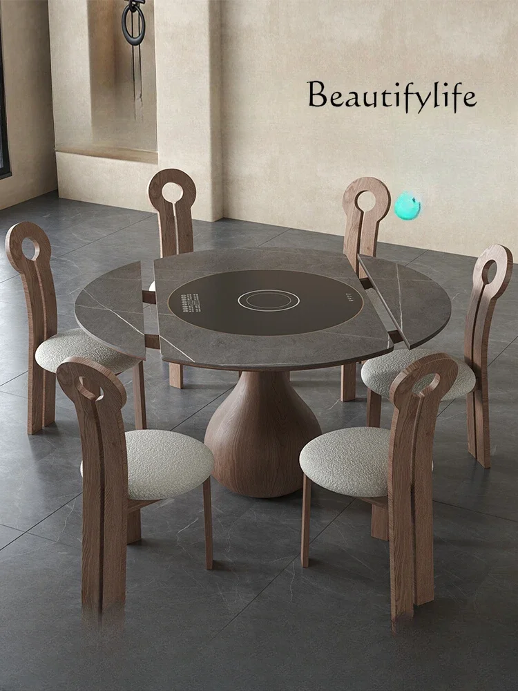 Retractable round solid wood rock slab dining table and chairs modern minimalist function stretch dining table