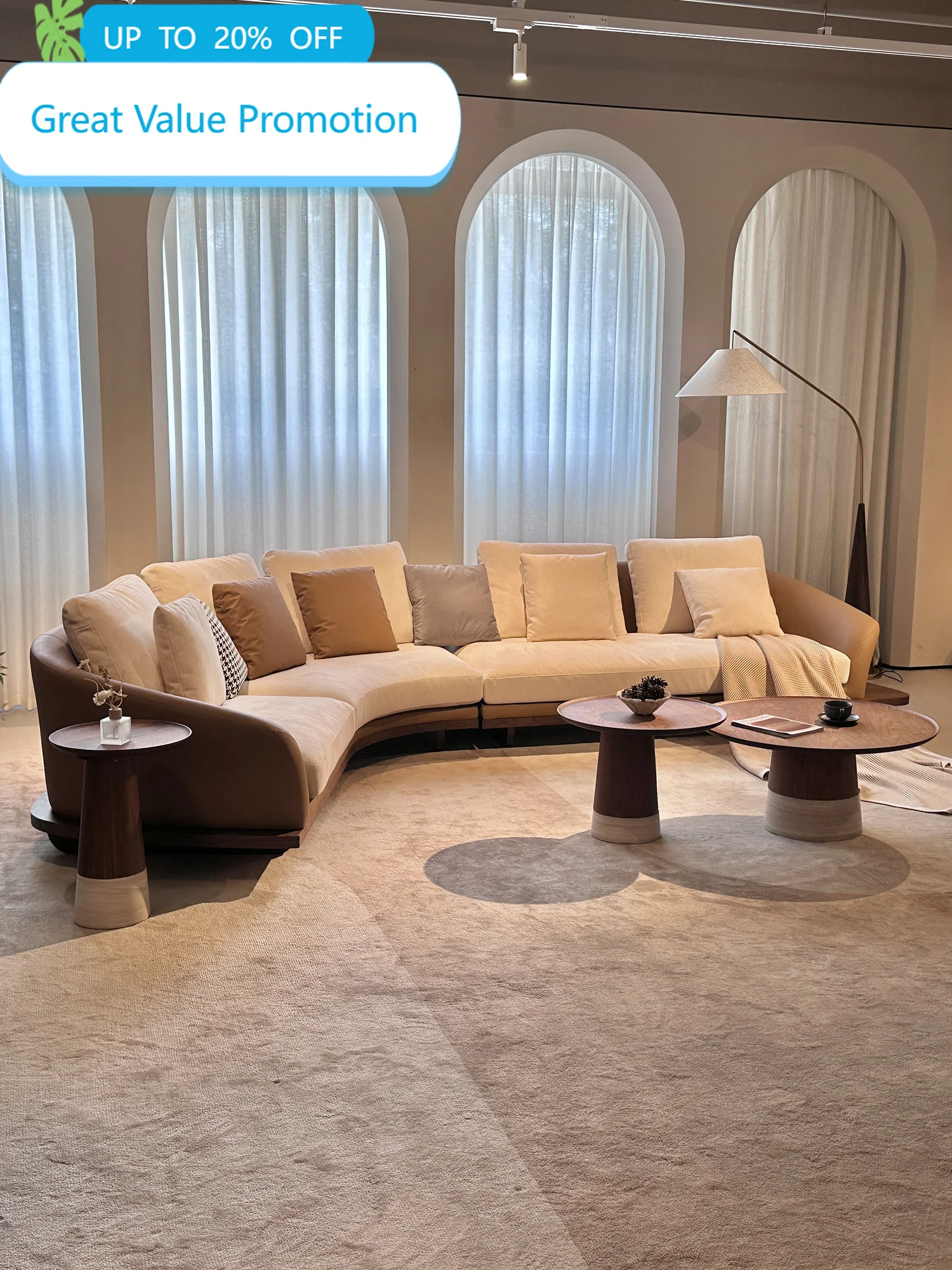 Cream And Brown Curved Modular Sofa Corner Pillow Backrest Scatter Pillows Wooden Base Deep Seat For Living Room Villa Home