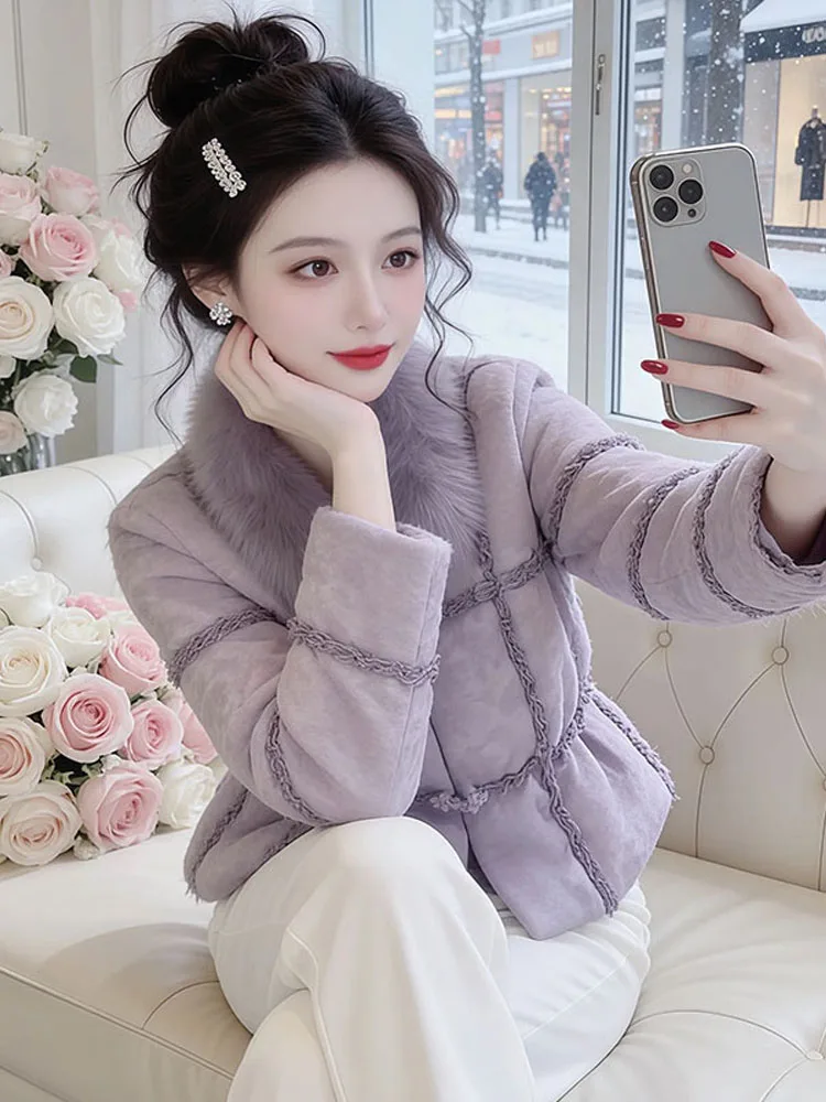 

Ele Lace down Cotton Jaet Women's New Chinese Sle Winter Coat Sweet Pure Color round Ne Zipper Poly Fiber Filling