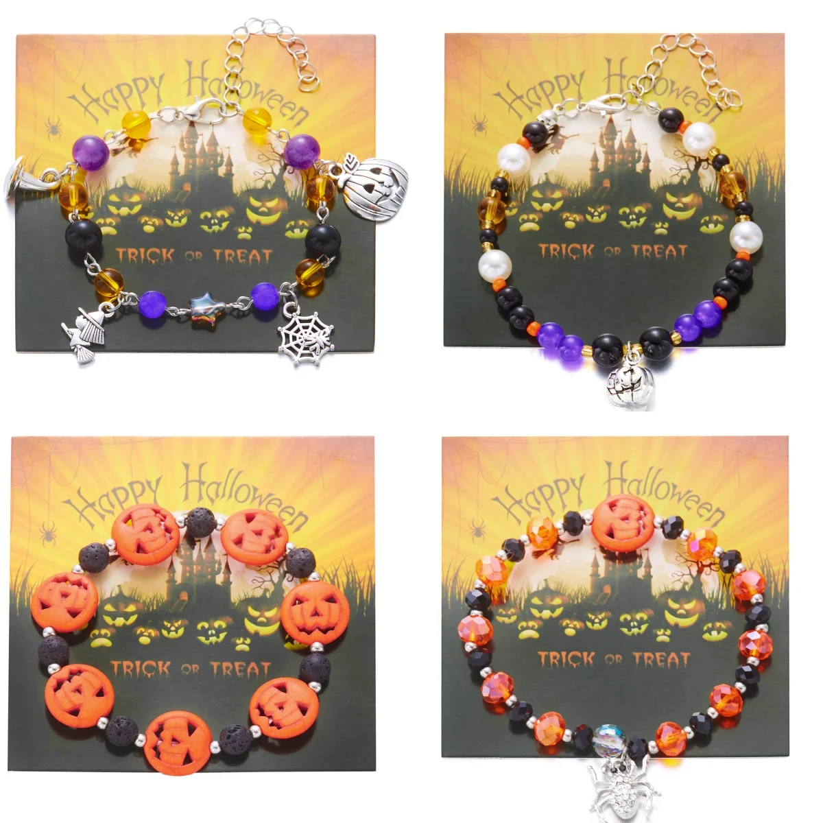 

Goth Halloween Witch Pumpkin Spider Web Charm Bracelet for Women Men Fashion Crystal Beads Bracelet Festival Party Jewelry Gift