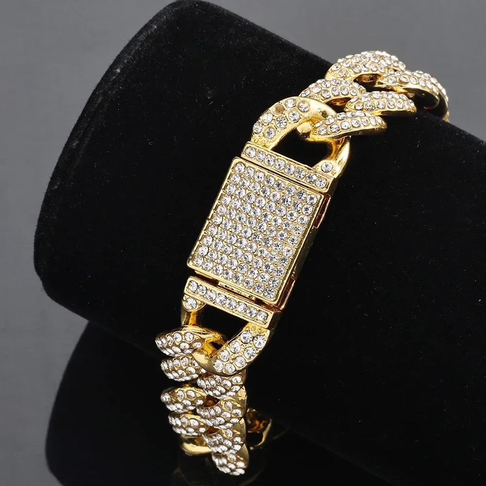 Pulsera de cadena de oro grande de Hip Hop para hombre llena de piedras de Zirconia estilo cubano accesorios de joyería exagerados pulsera hecha a mano