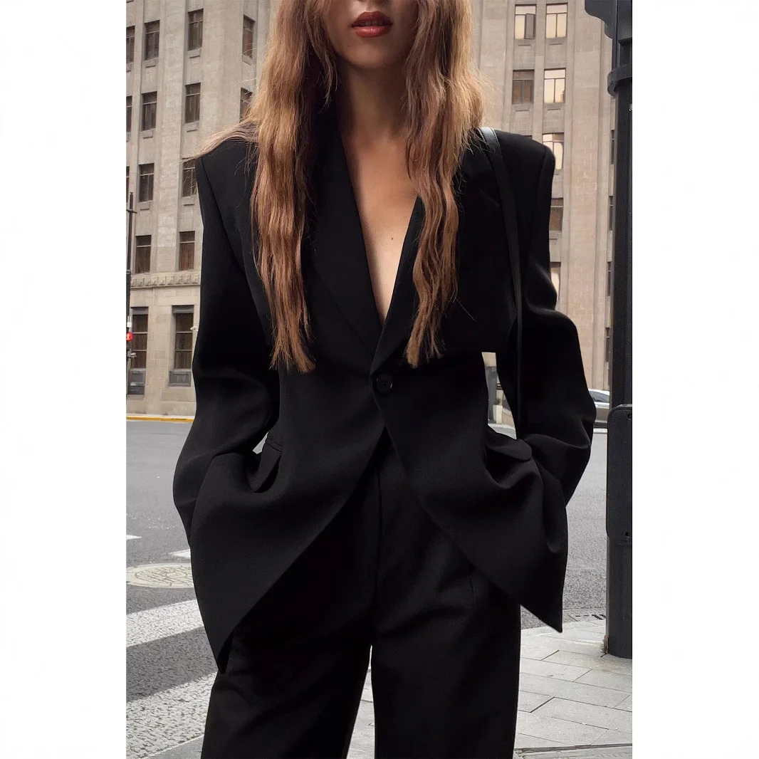 

KIDCRKJ Slim Women Spring Suit Coat Black Deep V-Neck One Button Deisnged Lady Blazer Jacket Instagram-Style Office Female Coat