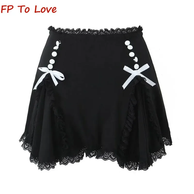 Y2K Pure Desire Style Tie Patchwork Lace Top Women's High Waist Clashing Square Neck Button Pleated Short Skirt