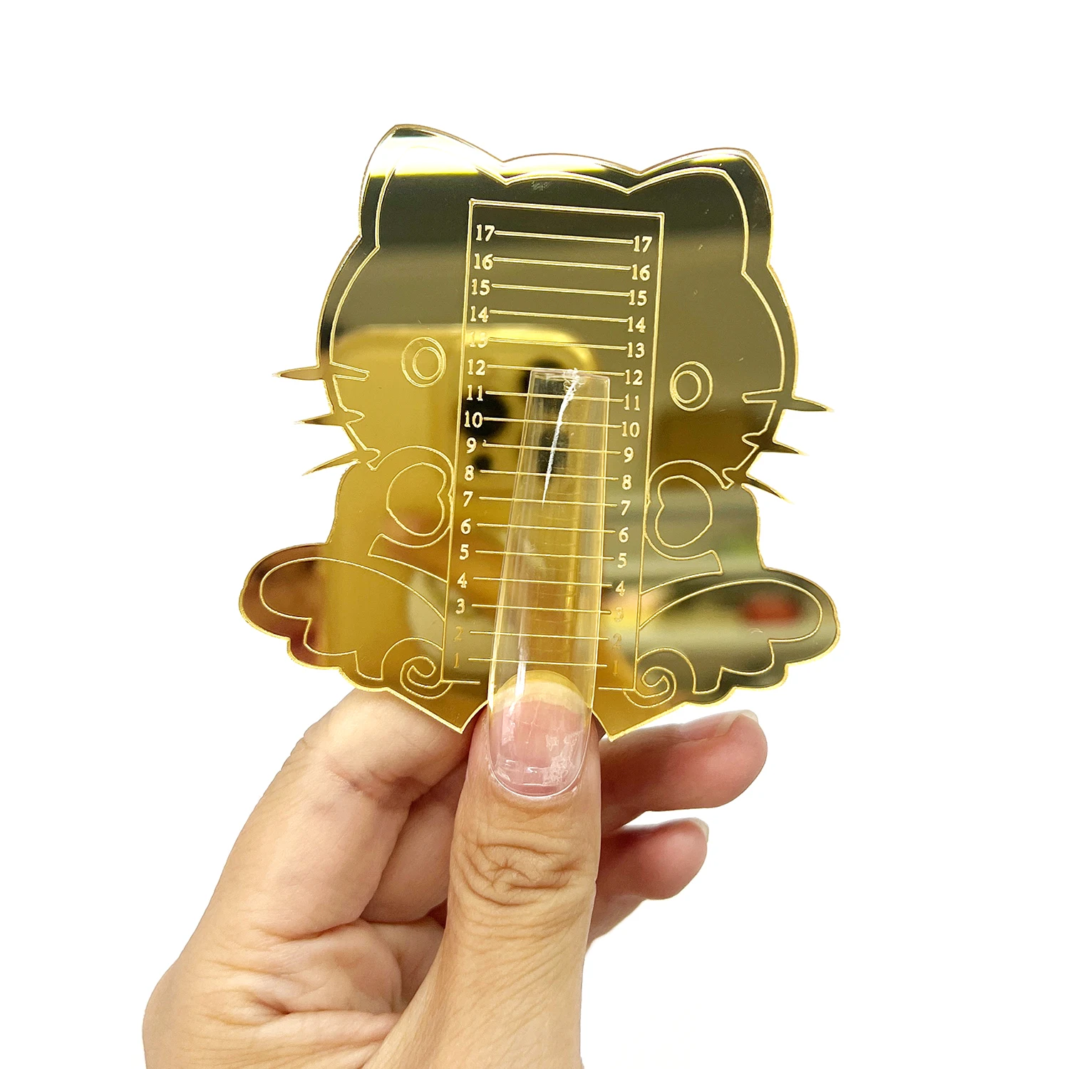 Regla de puntas de uñas para recortar el mismo espejo acrílico dorado, herramienta de medida de longitud de uñas de gato bonito para salón, arte de uñas en casa, 1 Uds.