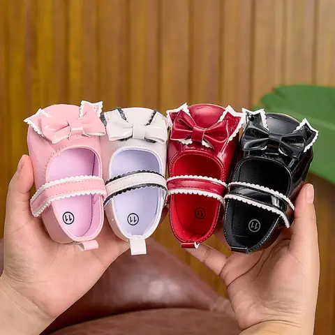 Cute Baby Girl Princess Shoes for Spring, Autumn, and Summer, Newborn Infants 0-1 Years Old, Solid Color with Bowknot, Velcro Walking Shoes, Soft Sole, Non-Slip Rubber Sole, Indoor and Outdoor Children's Gift Flat Shoes