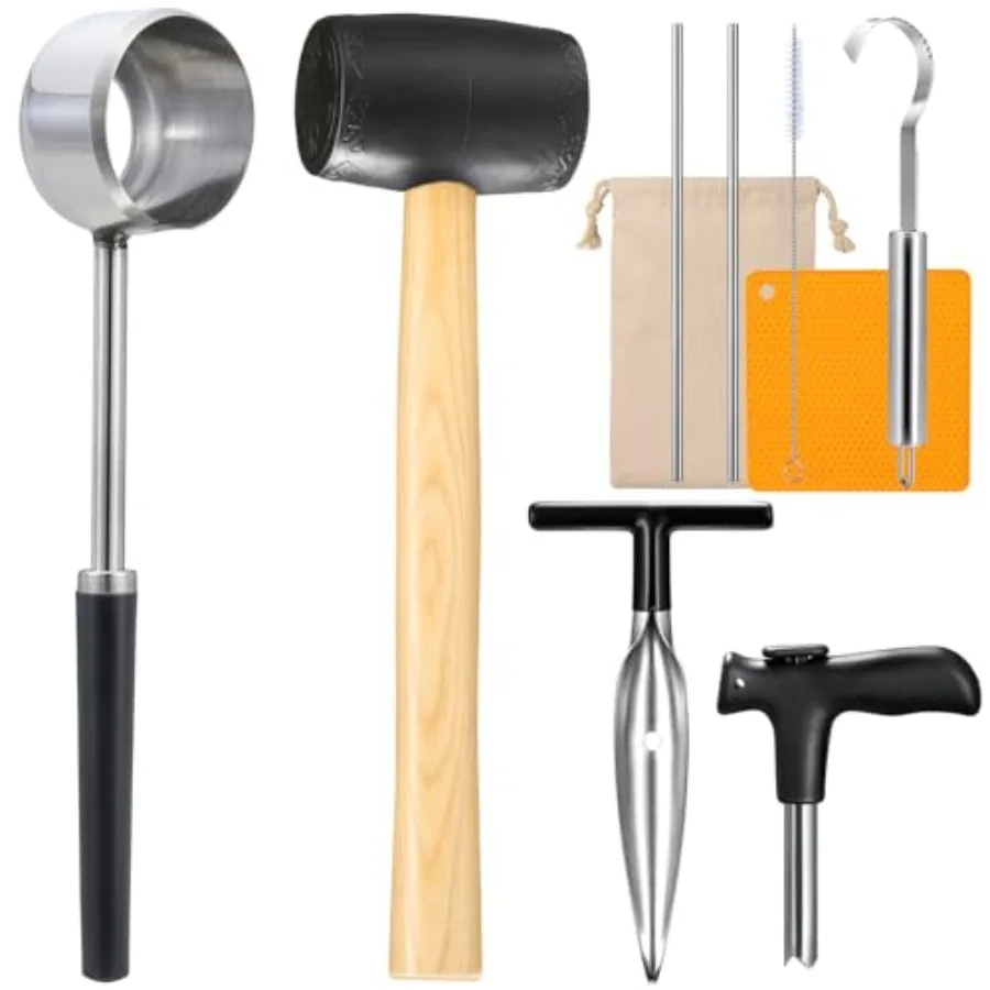 

Stainless Steel Coconut Opener Tool Set with Rubber Mallet Scraper Silicone Straw Mat and Storage Bag for Kitchen Use Efficient