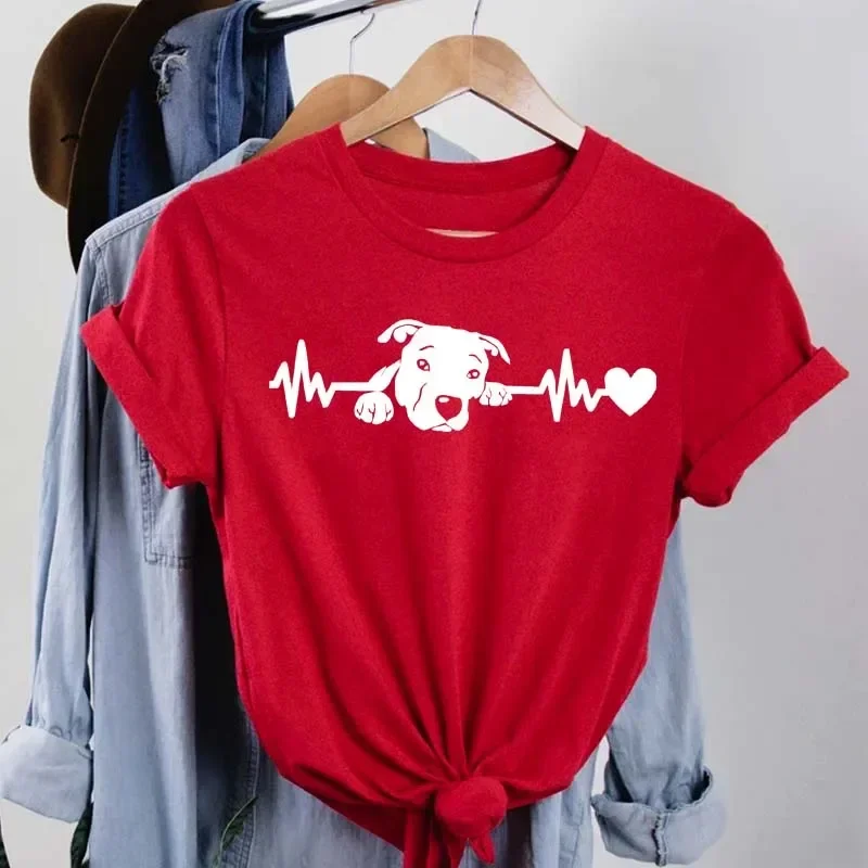 Women T Shirt Fashion Dog Heartbeat Print T-shirt Funny Print T Tee Womens Tshirt for Female Red Shirt Clothes Tops