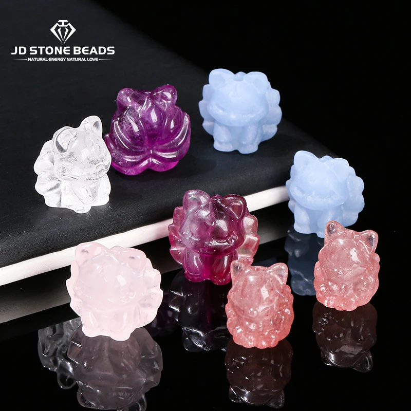 1 Pc Natural Stone Pink Quartz Amethyst Carved Nine-Tailed Fox Shape Bead Cartoon Pendant For Jewelry Making Diy Accessory