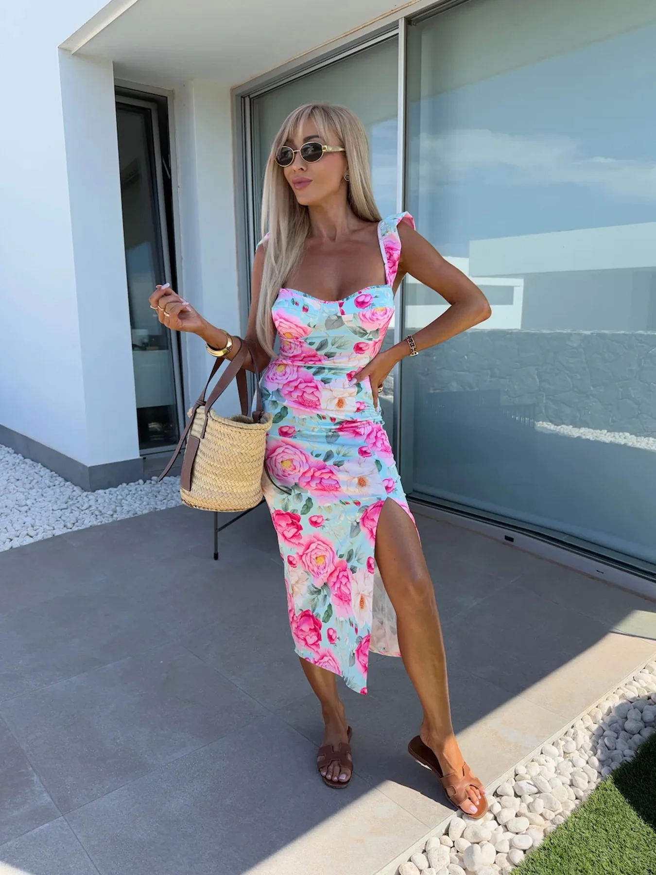 Verão novo design elegante francês floral camisola dividida midi vestido para mulher