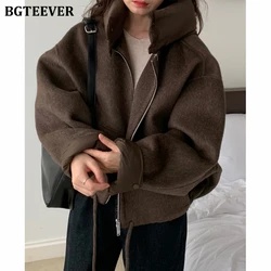 BGTEEVER Casual Loose Women Patchwork Hooded Blend Coats Autumn Winter Thicken Long Sleeve Zippers Female Woolen Jackets