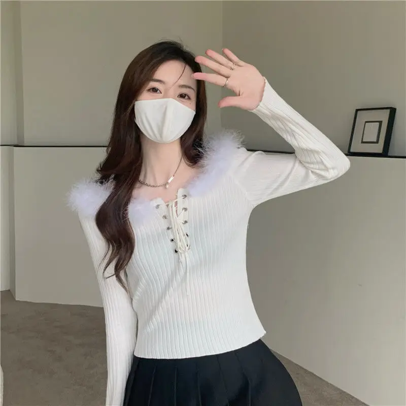 

Pullovers Autumn Solid Slash Neck Casual Slim Lace Up Young Ladies All-match Fashion Females Tops Tender Elegant Hot Sale Chic