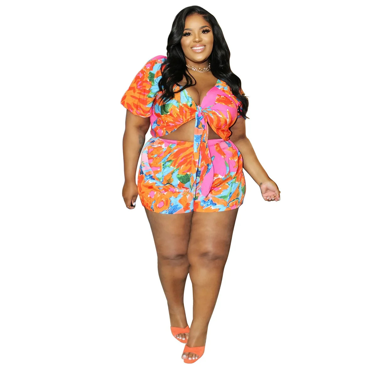 SOMO 4xl Summer Sexy Lace Up Plus Size Clothing Fashion Printed Shorts Two Piece Set Women Outfit 2023 Wholesale Dropshipping