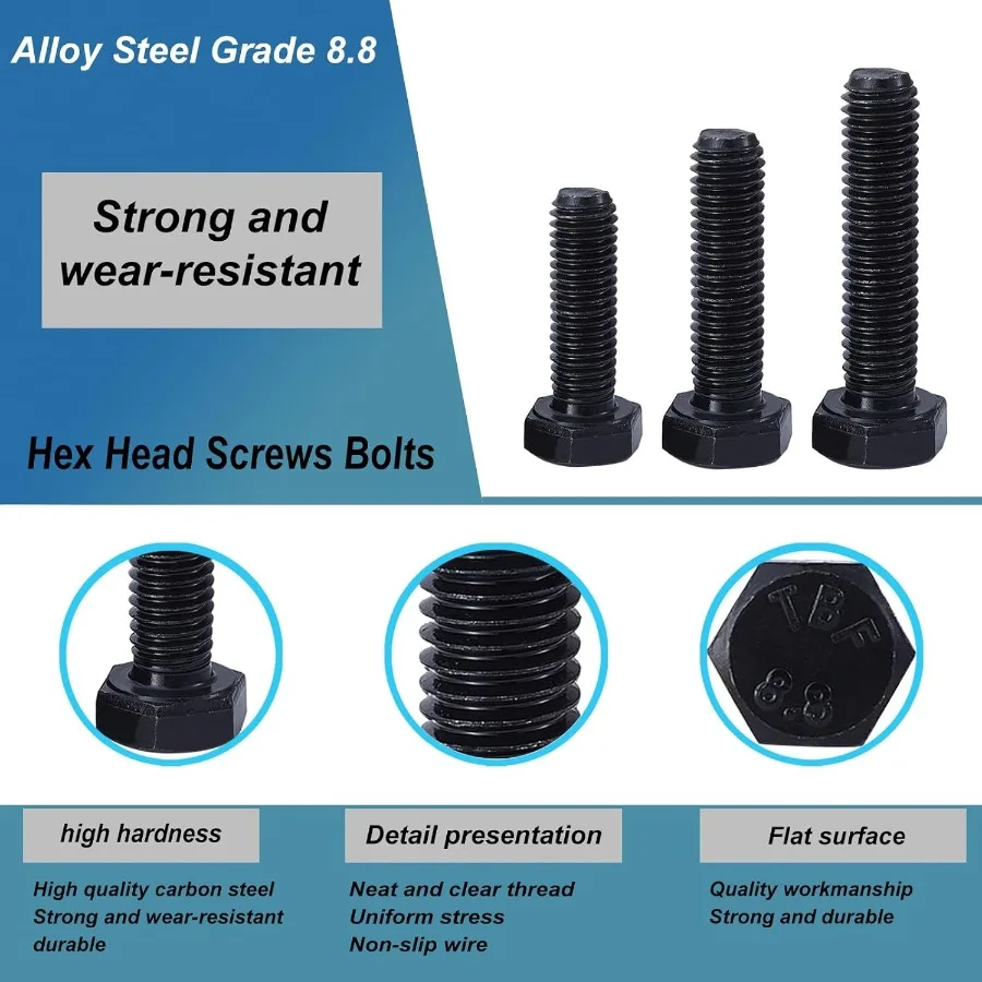 M10 x 25 มม. 10 ชิ้น สกรูหัวหกเหลี่ยม สกรูหกเหลี่ยม เกรด 8.8 เหล็กอัลลอยด์ ผิวเคลือบออกไซด์สีดำ เกลียวเต็มแบบเมตริก